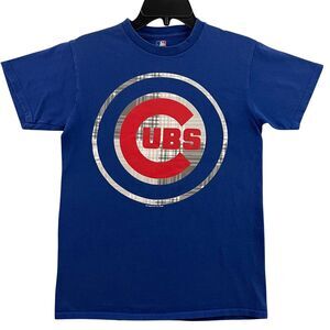 Majestic MLB Chicago Cubs T Shirt Mens Size Small Blue Plaid Red Logo